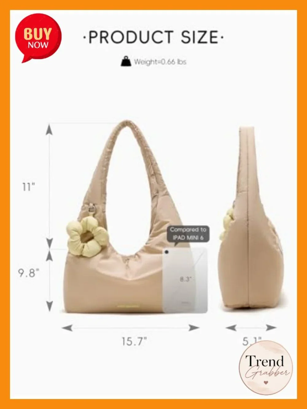 Puffer Hobo Shoulder Bag with Flower Keychain, 14